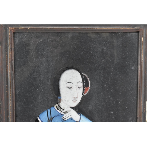 197 - Two Chinese Qing dynasty, 19th century, reverse glass paintings, both depicting ladies, one of a mus... 