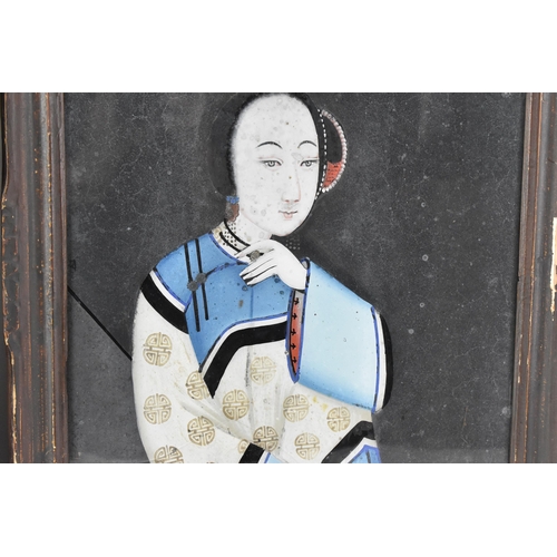 197 - Two Chinese Qing dynasty, 19th century, reverse glass paintings, both depicting ladies, one of a mus... 