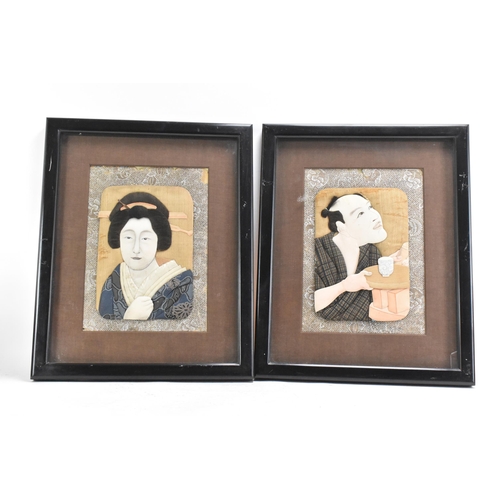 199 - A pair of Japanese Meiji Oshi-e textiles, depicting a gent by a table with a blue and white cup, and... 