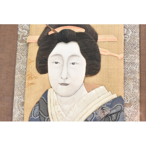 199 - A pair of Japanese Meiji Oshi-e textiles, depicting a gent by a table with a blue and white cup, and... 