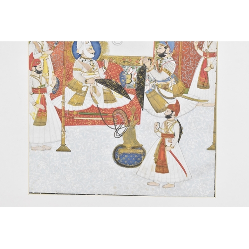 201 - A 19th century Indian watercolour on paper depicting Maharaja Man Singh with nobleman and attendants... 