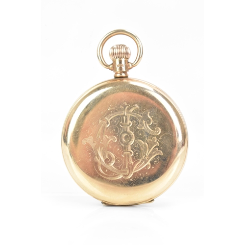 22 - An early 20th century 9ct gold, full hunter, keyless would pocket watch, the white enamel dial inscr... 