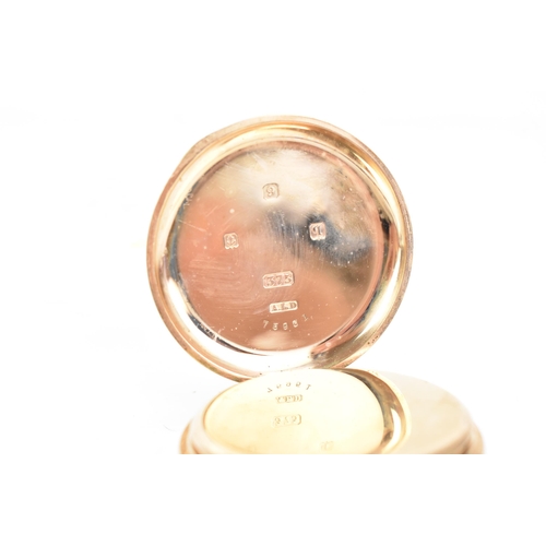 22 - An early 20th century 9ct gold, full hunter, keyless would pocket watch, the white enamel dial inscr... 