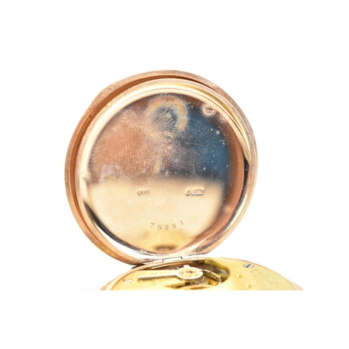 22 - An early 20th century 9ct gold, full hunter, keyless would pocket watch, the white enamel dial inscr... 