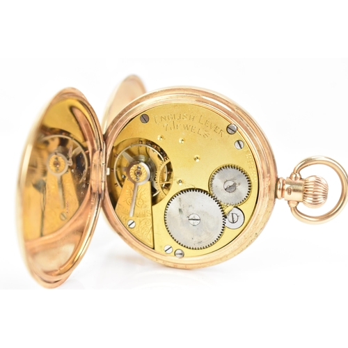 22 - An early 20th century 9ct gold, full hunter, keyless would pocket watch, the white enamel dial inscr... 