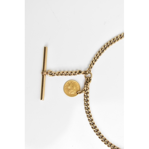 26 - An early 20th century gold plated curb link pocket watch chain, with a gold plated dog clip clasp, T... 