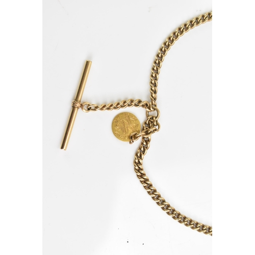 26 - An early 20th century gold plated curb link pocket watch chain, with a gold plated dog clip clasp, T... 