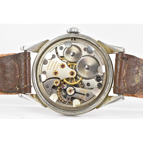 28 - A Longines, manual wind, gents, stainless steel wristwatch, circa 1953, the dial having baton marker... 