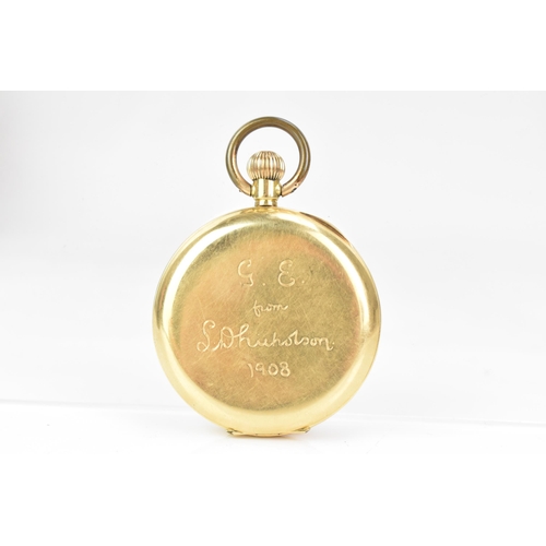 37 - An early 20th century 18ct gold, open face, keyless wound pocket watch, the white enamel dial having... 