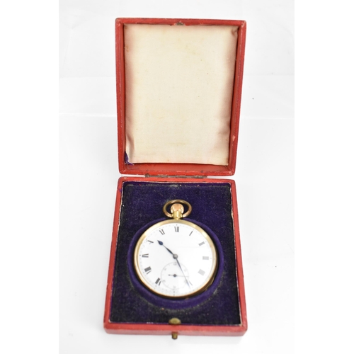 37 - An early 20th century 18ct gold, open face, keyless wound pocket watch, the white enamel dial having... 