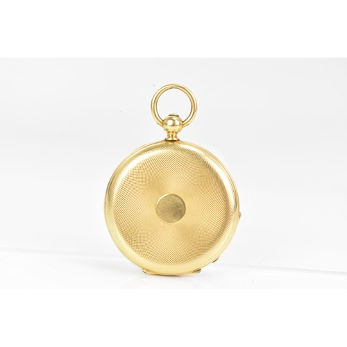 38 - A late 19th century gold, open face fob watch, tests at 14ct-18ct, the white enamel dial having Roma... 