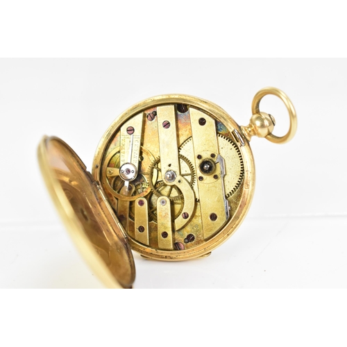 38 - A late 19th century gold, open face fob watch, tests at 14ct-18ct, the white enamel dial having Roma... 