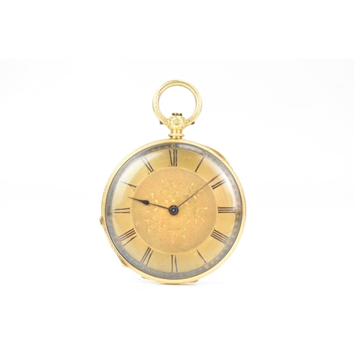 39 - A late 19th century 18ct gold, open face fob watch, the gilt dial engine turned with a floral centre... 