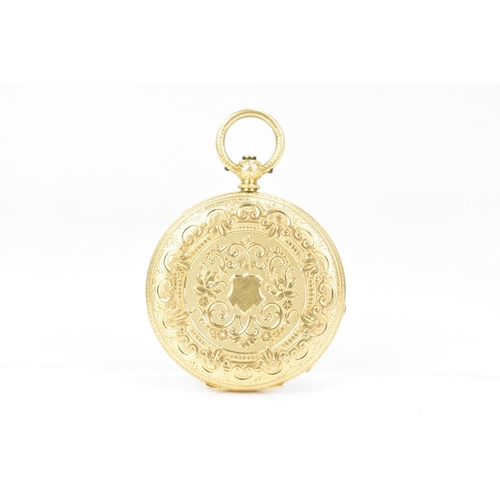 39 - A late 19th century 18ct gold, open face fob watch, the gilt dial engine turned with a floral centre... 