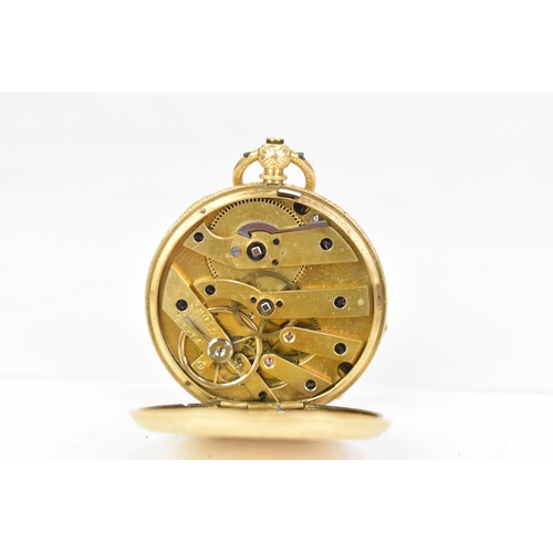 39 - A late 19th century 18ct gold, open face fob watch, the gilt dial engine turned with a floral centre... 