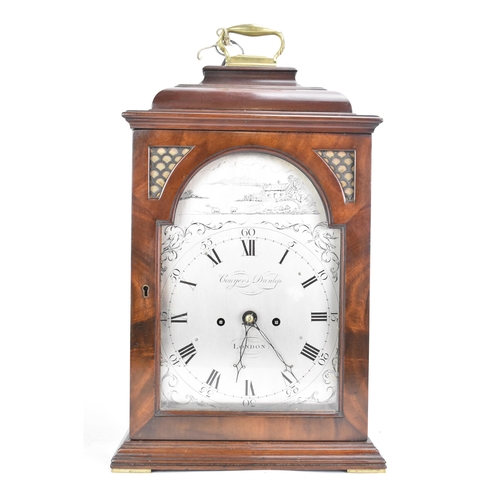 57 - A mid 18th century mahogany bracket clock by Conyers Dunlop, London. The case having a bell top with... 