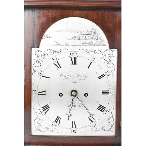 57 - A mid 18th century mahogany bracket clock by Conyers Dunlop, London. The case having a bell top with... 