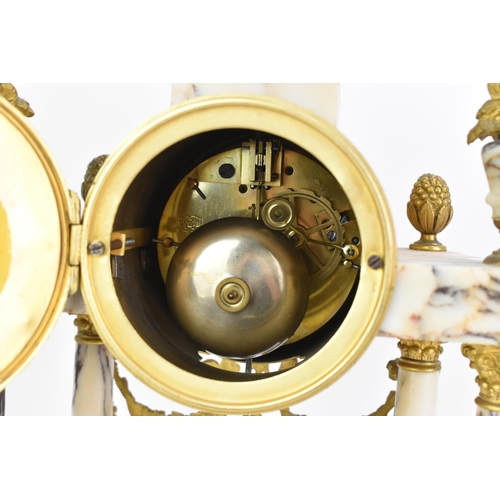 58 - A late 19th century French marble and gilt metal clock garniture, the clock or architectural form wi... 