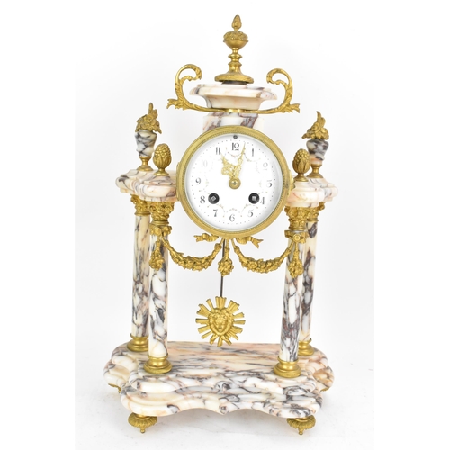 58 - A late 19th century French marble and gilt metal clock garniture, the clock or architectural form wi... 