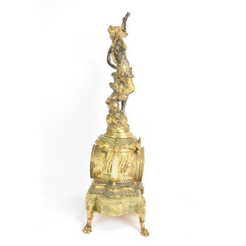 62 - A late 19th century French spelter and onyx mantle clock, mounted with a classical maiden above ribb... 