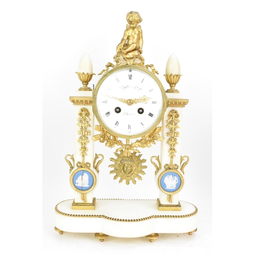 64 - A late 19th century French gilt metal and white marble portico clock and two garnitures, the clock h... 