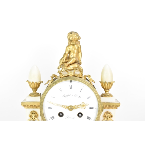 64 - A late 19th century French gilt metal and white marble portico clock and two garnitures, the clock h... 