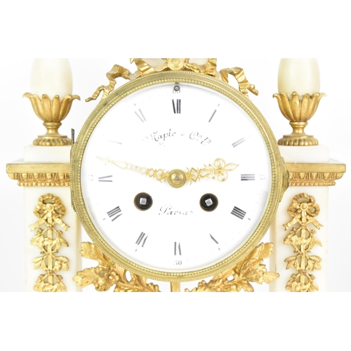 64 - A late 19th century French gilt metal and white marble portico clock and two garnitures, the clock h... 