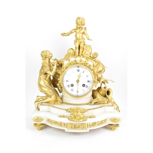 65 - A 19th century French gilt metal and white marble clock garniture, the clock cast as a cherub amongs... 