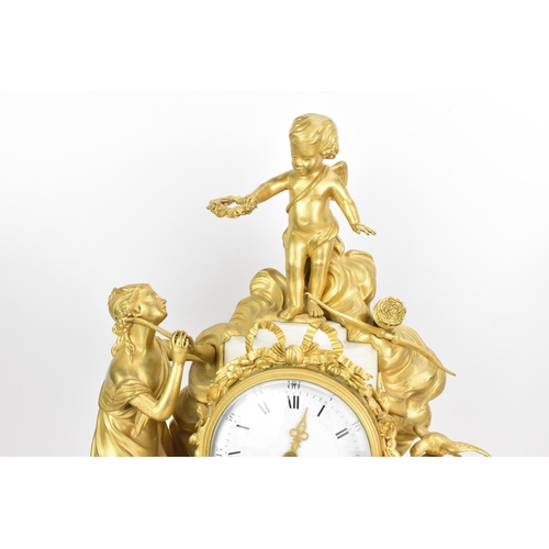 65 - A 19th century French gilt metal and white marble clock garniture, the clock cast as a cherub amongs... 