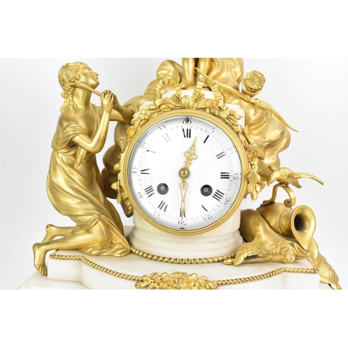 65 - A 19th century French gilt metal and white marble clock garniture, the clock cast as a cherub amongs... 