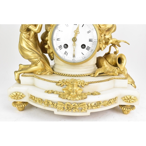 65 - A 19th century French gilt metal and white marble clock garniture, the clock cast as a cherub amongs... 