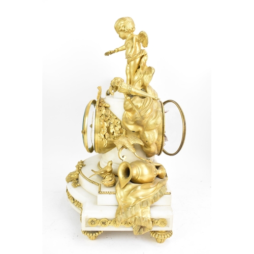 65 - A 19th century French gilt metal and white marble clock garniture, the clock cast as a cherub amongs... 