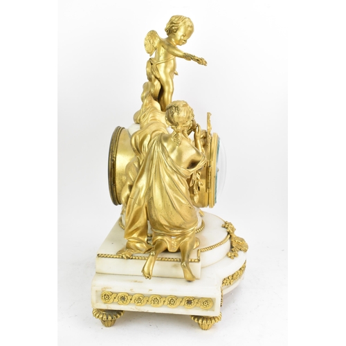 65 - A 19th century French gilt metal and white marble clock garniture, the clock cast as a cherub amongs... 