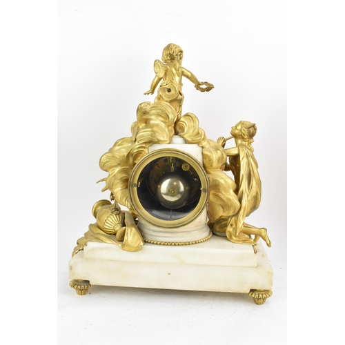 65 - A 19th century French gilt metal and white marble clock garniture, the clock cast as a cherub amongs... 