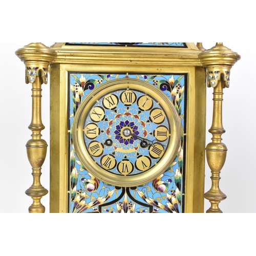 66 - A late 19th century French champleve enamel mantle clock, the case of architectural form with turned... 