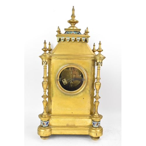 66 - A late 19th century French champleve enamel mantle clock, the case of architectural form with turned... 