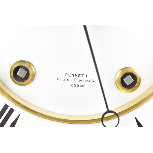 68 - A late 19th century oak cased mantle clock, the white enamel dial having Roman numerals, Breguet sty... 