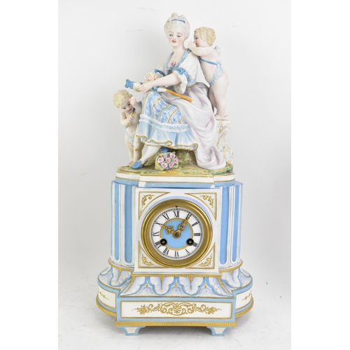 69 - A circa 1900 French bisque clock garniture set, the clock mounted with a seated maiden with cherubs ... 