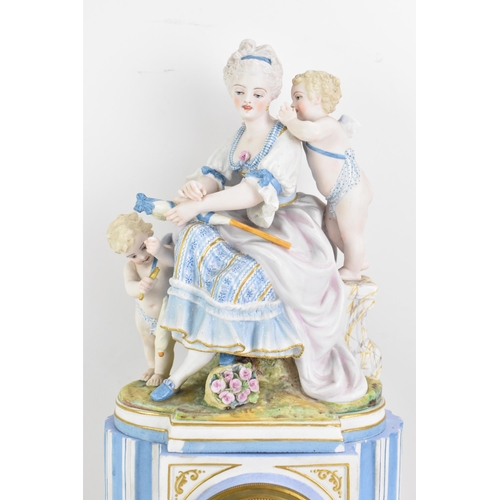 69 - A circa 1900 French bisque clock garniture set, the clock mounted with a seated maiden with cherubs ... 