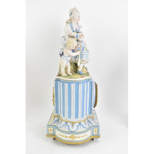 69 - A circa 1900 French bisque clock garniture set, the clock mounted with a seated maiden with cherubs ... 