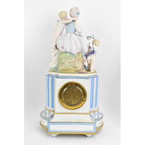 69 - A circa 1900 French bisque clock garniture set, the clock mounted with a seated maiden with cherubs ... 