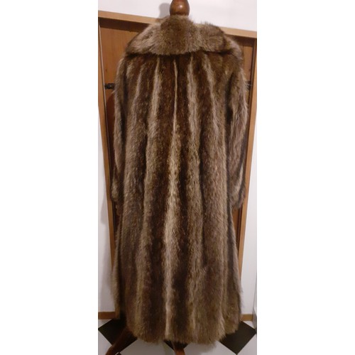 76 - A vintage brown racoon full length coat A/F with shawl collar with bamboo design lining, approx 40/4... 