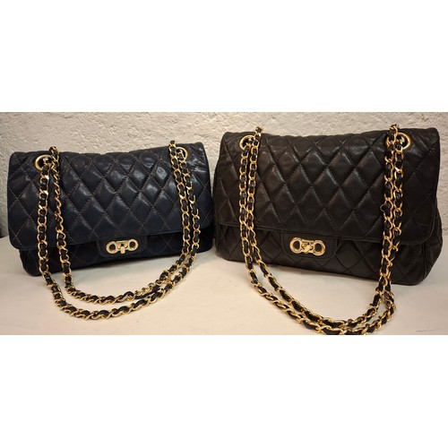 69 - Two vintage Italian soft calfskin leather padded and double flap shoulder bags in navy and black wit... 