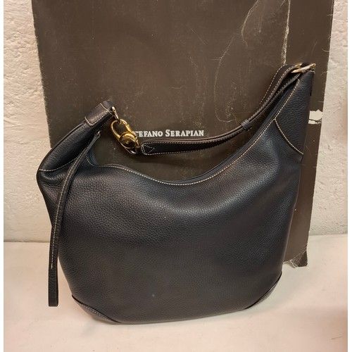 32 - Serapian- A Stefano Serapian navy grained leather boho bag with silver tone hardware, approx 14