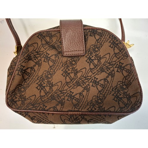 9 - Vivienne Westwood-A vintage brown cloth and brown leather shoulder bag having a black outline patter... 