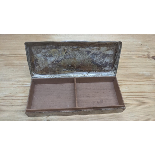 113 - A mixed lot of silver items to include a cigarette box having an engine turned design with engraved ... 