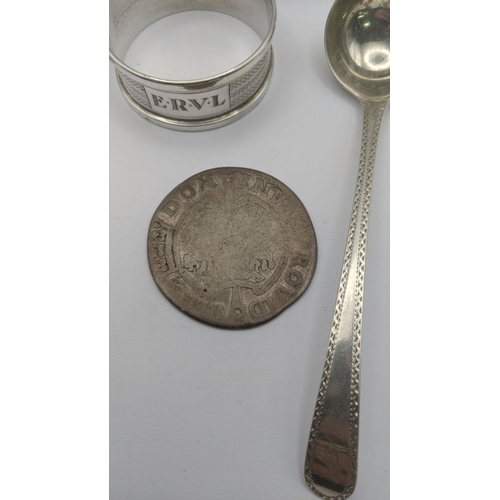 119 - Silver to include three teaspoons, two napkin rings and two condiment spoons total weight 12.3g alon... 