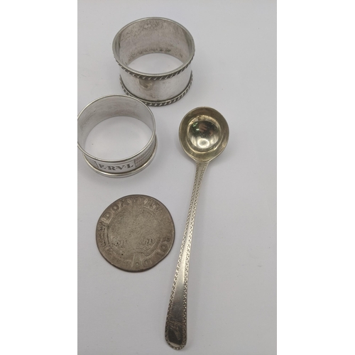 119 - Silver to include three teaspoons, two napkin rings and two condiment spoons total weight 12.3g alon... 