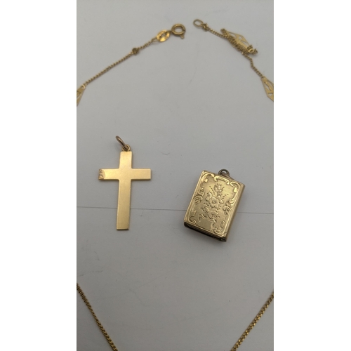 147 - Mixed 9ct yellow gold to include a crucifix pendant, a yellow metal locket fashioned as a book a fan... 