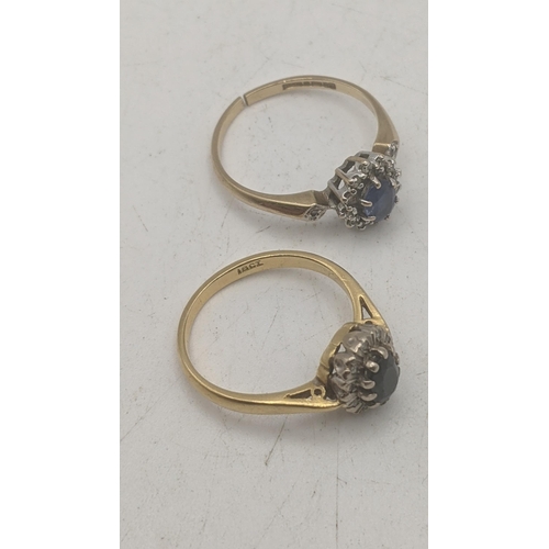 28 - Two yellow gold ladies cluster rings to include 18ct gold oval cut sapphire in 10 claw setting surro... 